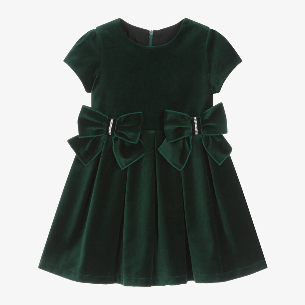 Balloon Chic-فستان بكسرات قطن مخمل لون أخضر زمردي مزين بفيونكة | Childrensalon Outlet