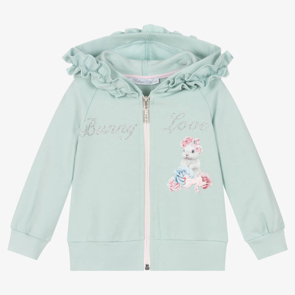 Balloon Chic - Girls Green Cotton Bunny Zip-Up Top | Childrensalon