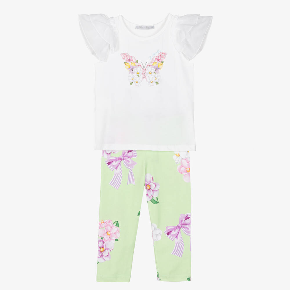 Balloon Chic-Girls Green Cotton Floral Leggings Set | Childrensalon Outlet