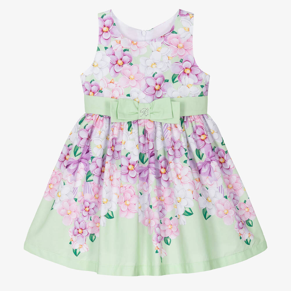 Balloon Chic-Girls Green Cotton Flower Print Dress | Childrensalon Outlet