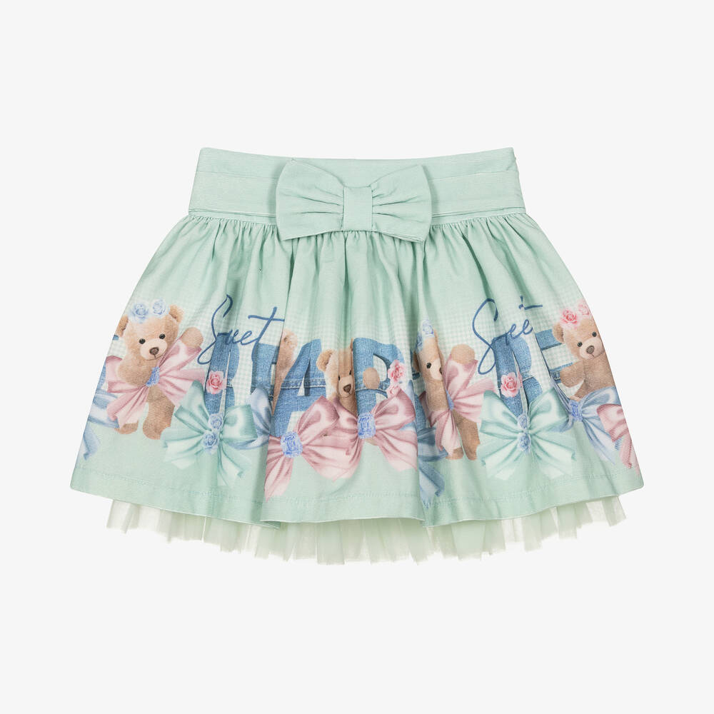 Balloon Chic - Girls Green Cotton Teddy Bear Skirt | Childrensalon