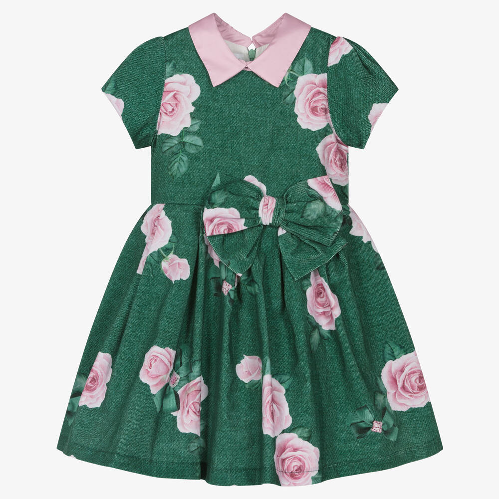 Balloon Chic - Girls Green & Pink Cotton Roses Dress | Childrensalon