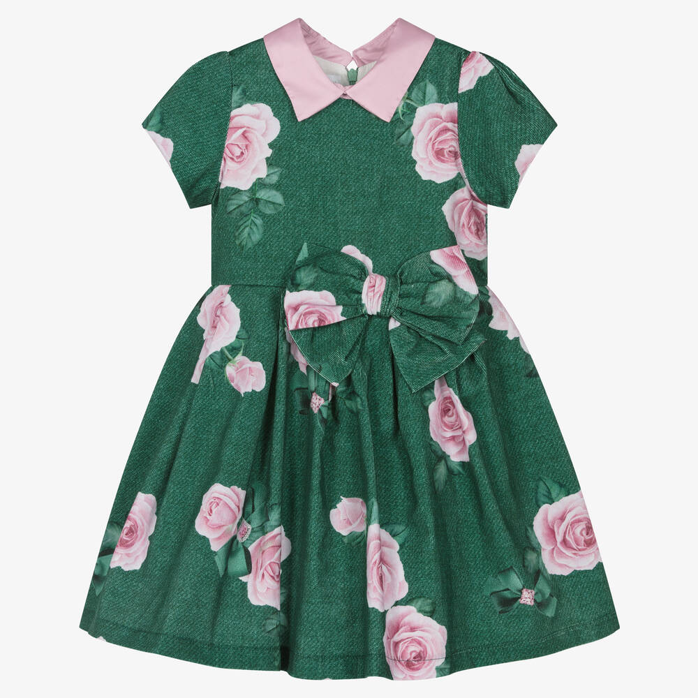 Balloon Chic - Robe verte en coton à roses fille | Childrensalon