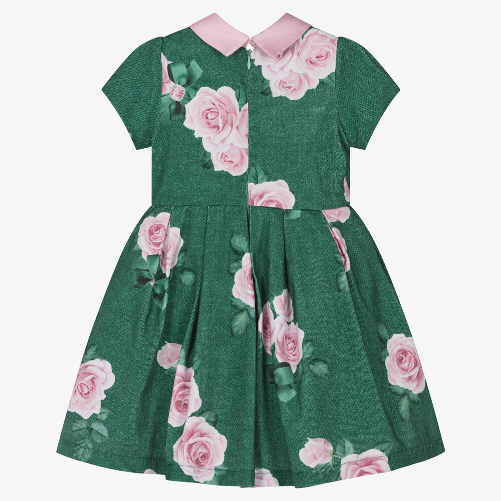 Balloon Chic-Зеленое хлопковое платье с розовыми розами | Childrensalon Outlet