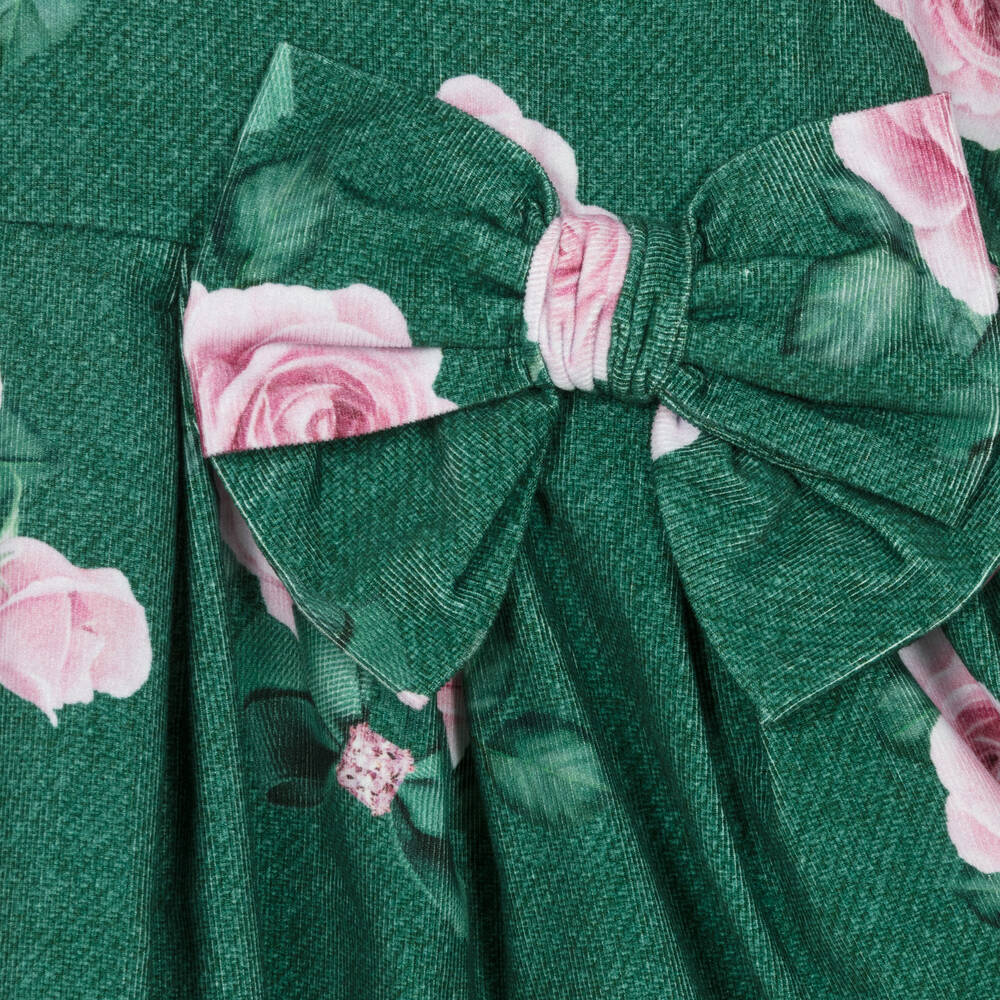 Balloon Chic-Зеленое хлопковое платье с розовыми розами | Childrensalon Outlet
