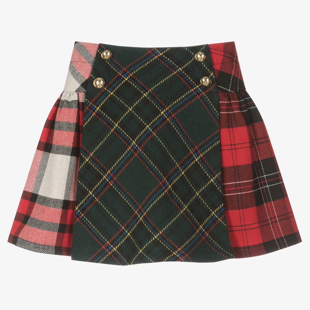 Balloon Chic - Girls Green & Red Check Wool Skirt | Childrensalon