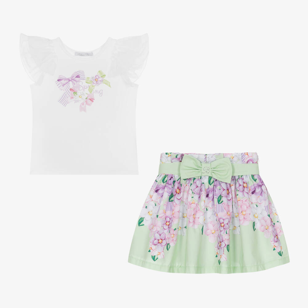Balloon Chic-Girls Green & White Cotton Skirt Set | Childrensalon Outlet