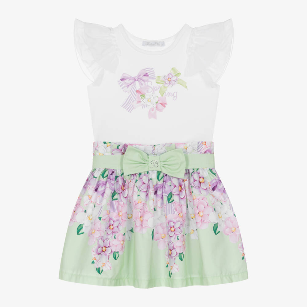 Balloon Chic-Girls Green & White Cotton Skirt Set | Childrensalon Outlet