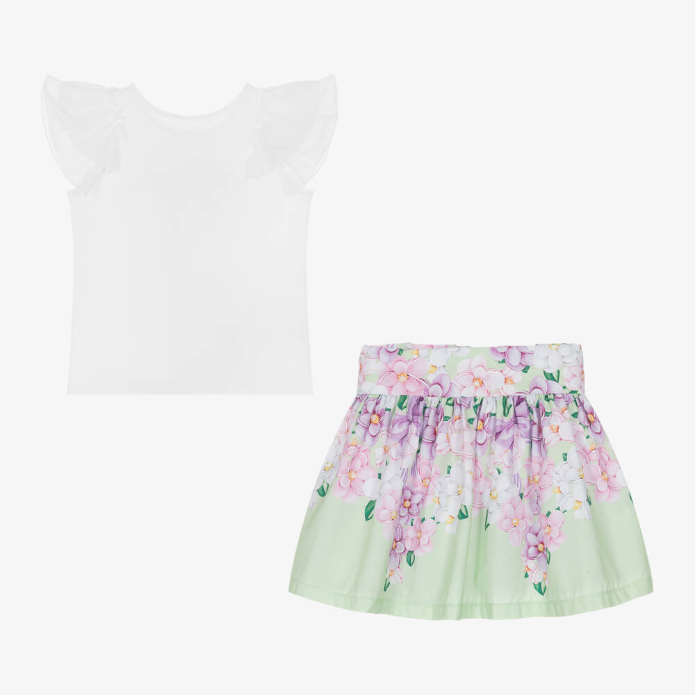Balloon Chic-Girls Green & White Cotton Skirt Set | Childrensalon Outlet