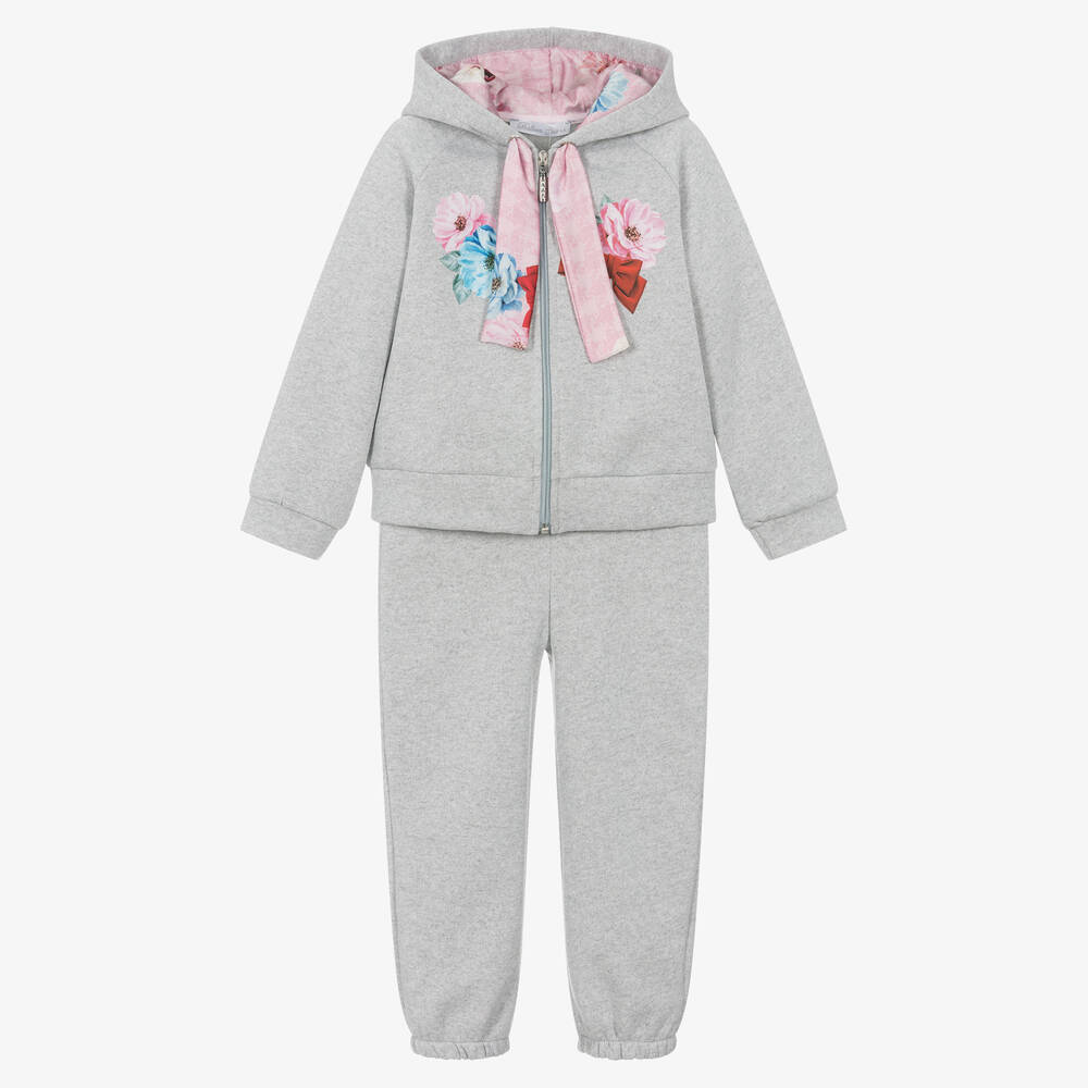 Balloon Chic - Girls Grey Floral Cotton Tracksuit | Childrensalon