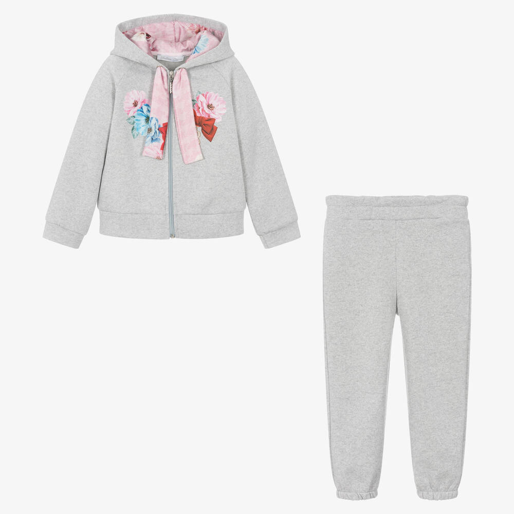 Balloon Chic-Girls Grey Floral Cotton Tracksuit | Childrensalon Outlet