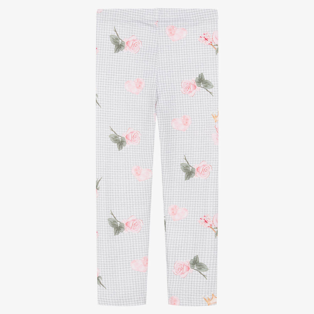 Balloon Chic-Girls Grey & Pink Rose Cotton Leggings | Childrensalon Outlet