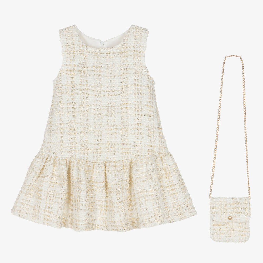 Balloon Chic-Girls Ivory & Gold Tweed Dress Set | Childrensalon Outlet