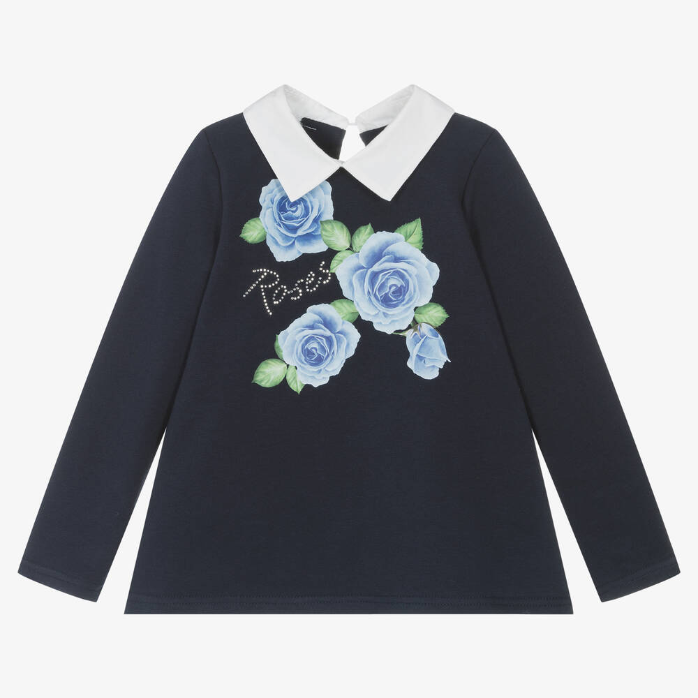 Balloon Chic - Haut bleu marine en coton à roses | Childrensalon