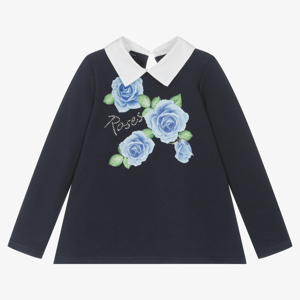 Balloon Chic - Girls Navy Blue Cotton Rose Top | Childrensalon