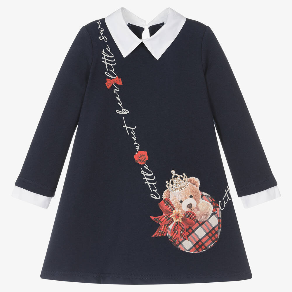 Balloon Chic - Girls Navy Blue Cotton Teddy Bear Dress | Childrensalon