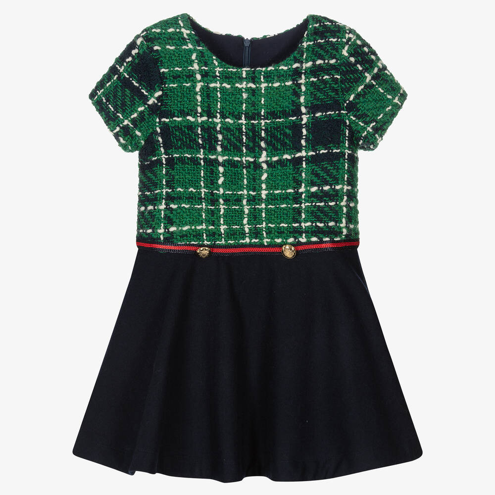 Balloon Chic - Girls Navy Blue & Green Tweed Dress | Childrensalon