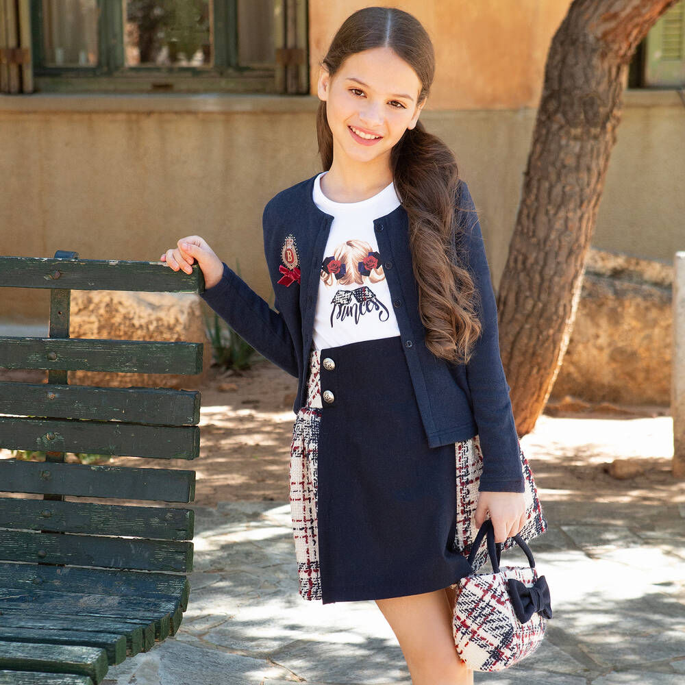 BALLOON CHIC Girls Navy Blue Knitted Cotton Cardigan