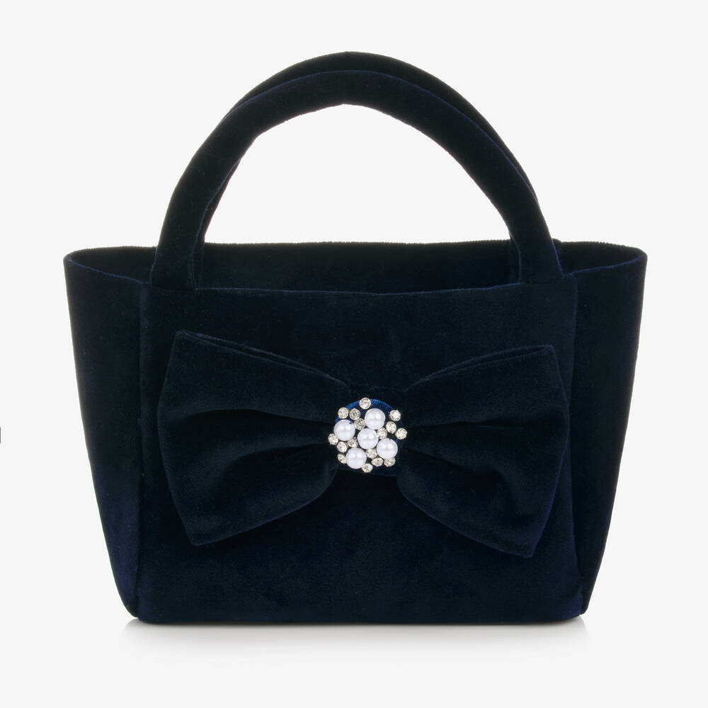 Balloon Chic - Girls Navy Blue Velvet Bow Handbag (24cm) | Childrensalon