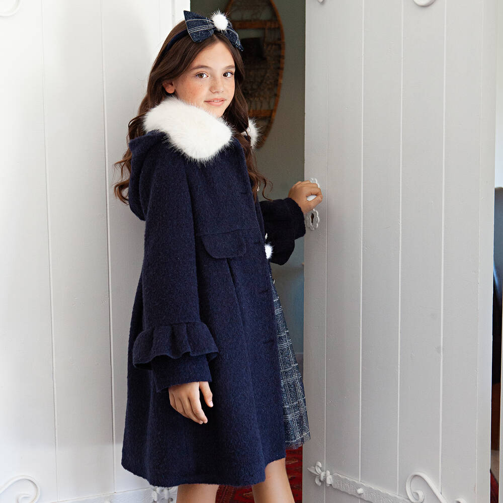 BALLOON CHIC Girls Navy Blue Wool Coat