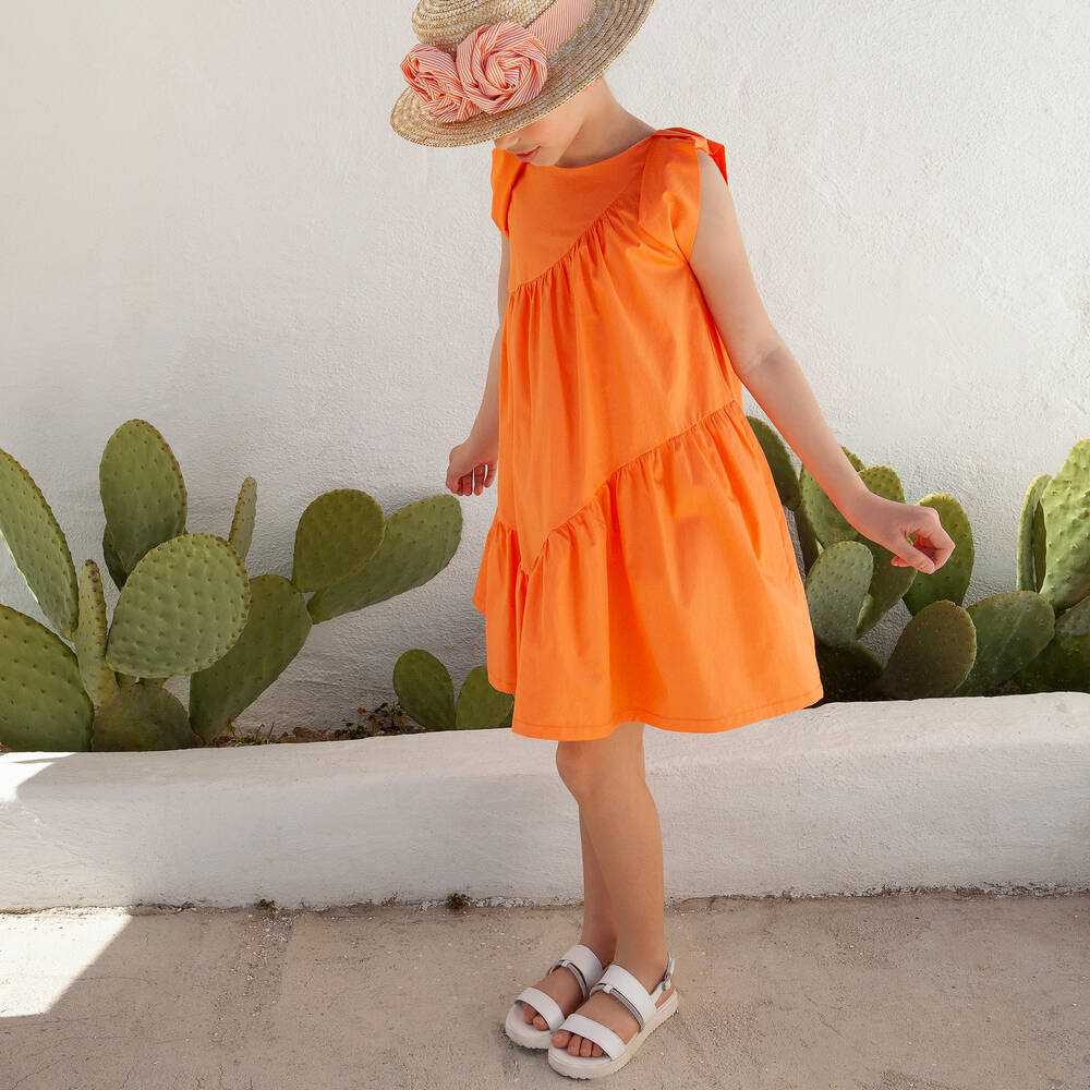 Balloon Chic Girls Orange Cotton Poplin Dress Childrensalon Outlet