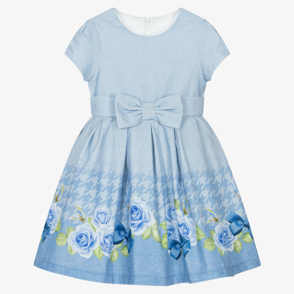 Balloon Chic - Girls Pale Blue Floral Cotton Dress | Childrensalon