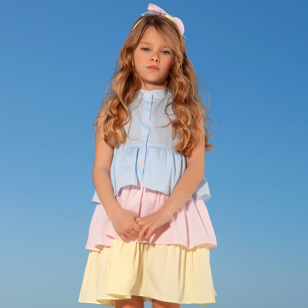 Balloon Chic-فستان قطن بوبلين بطبقات لون أزرق وزهري | Childrensalon Outlet