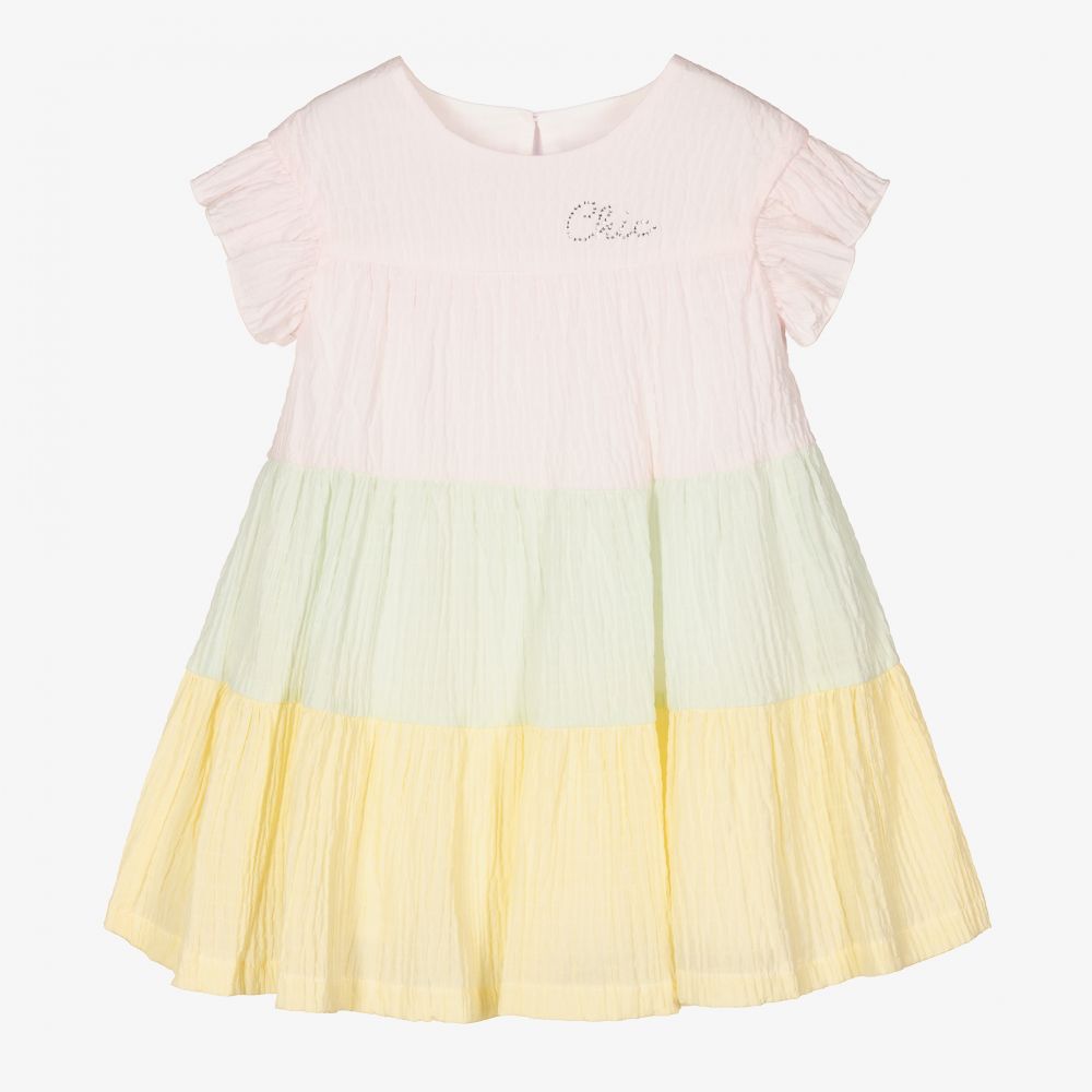 Balloon Chic - فستان مزيج قطن بطبقات لون زهري وأخضر وأبيض | Childrensalon