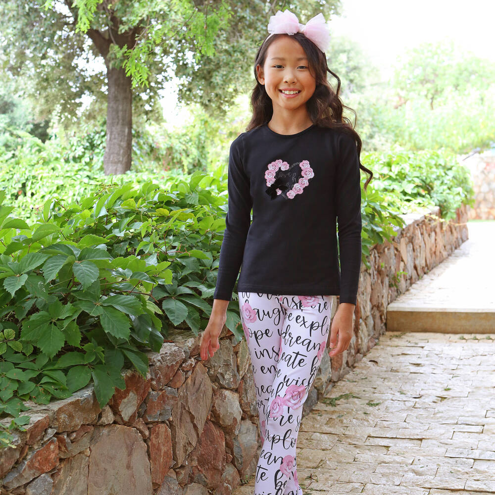 Balloon Chic-Girls Pink & Black Rose Leggings Set | Childrensalon Outlet