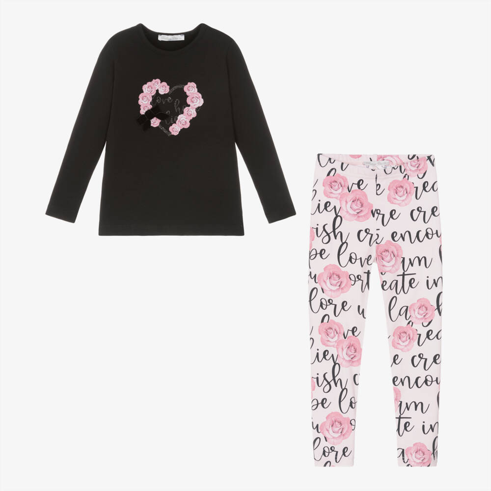 Balloon Chic-Girls Pink & Black Rose Leggings Set | Childrensalon Outlet