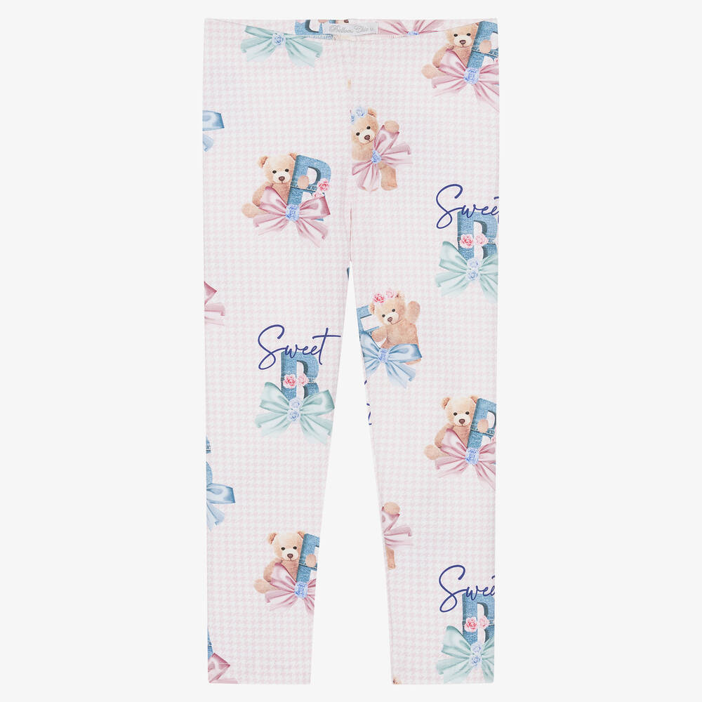 Balloon Chic - Girls Pink Check Cotton Teddy Leggings | Childrensalon