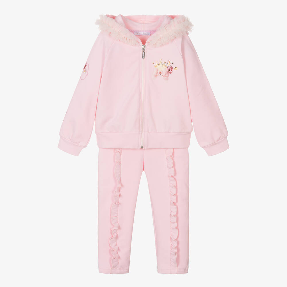 Balloon Chic - Girls Pink Cotton Ruffle Trim Tracksuit | Childrensalon