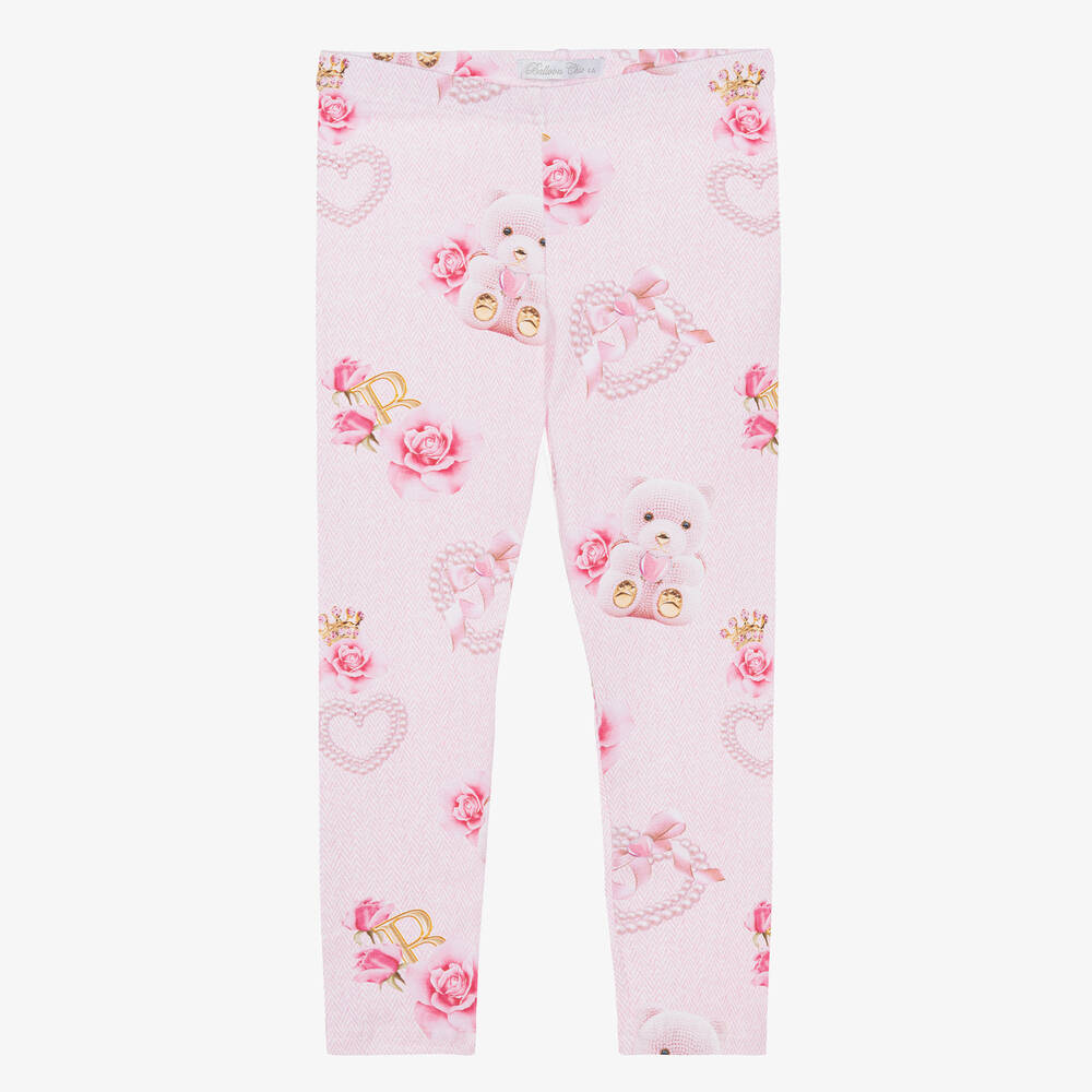 Balloon Chic - Girls Pink Cotton Teddy & Rose Leggings | Childrensalon