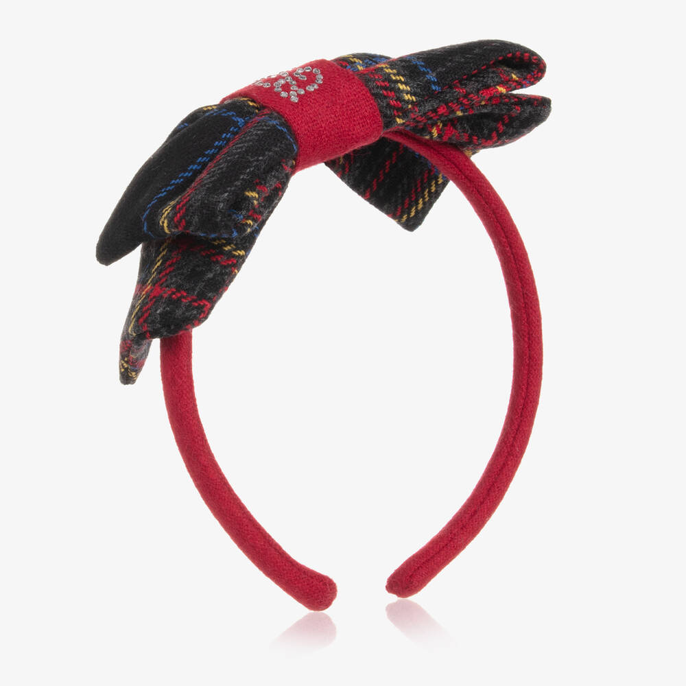 Balloon Chic - Girls Red & Black Tartan Bow Hairband | Childrensalon