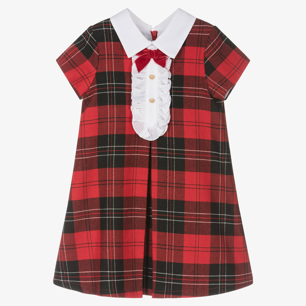 Balloon Chic - Girls Red & Black Tartan Wool Dress | Childrensalon