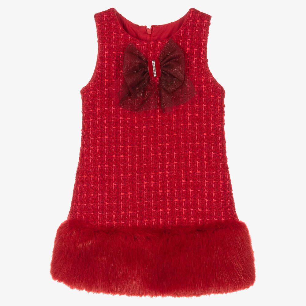 Balloon Chic - Красное платье из букле с меховой оторочкой для девочек | Childrensalon