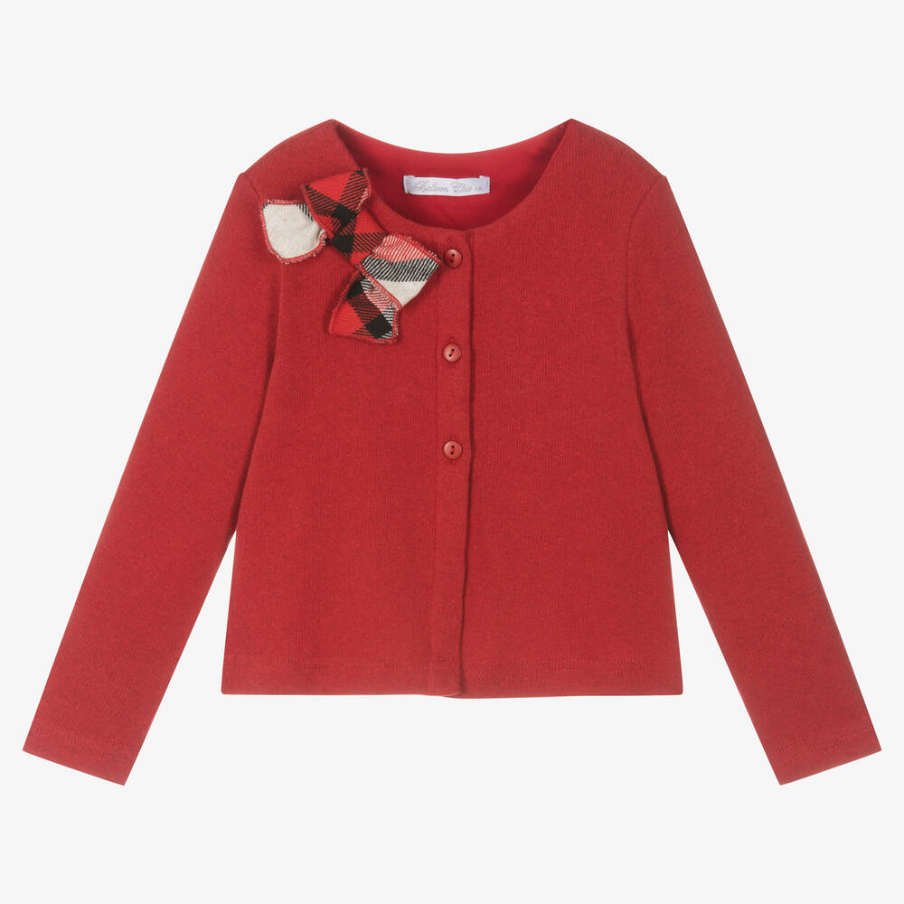 Balloon Chic - Girls Red Cotton Knit Bow Cardigan | Childrensalon