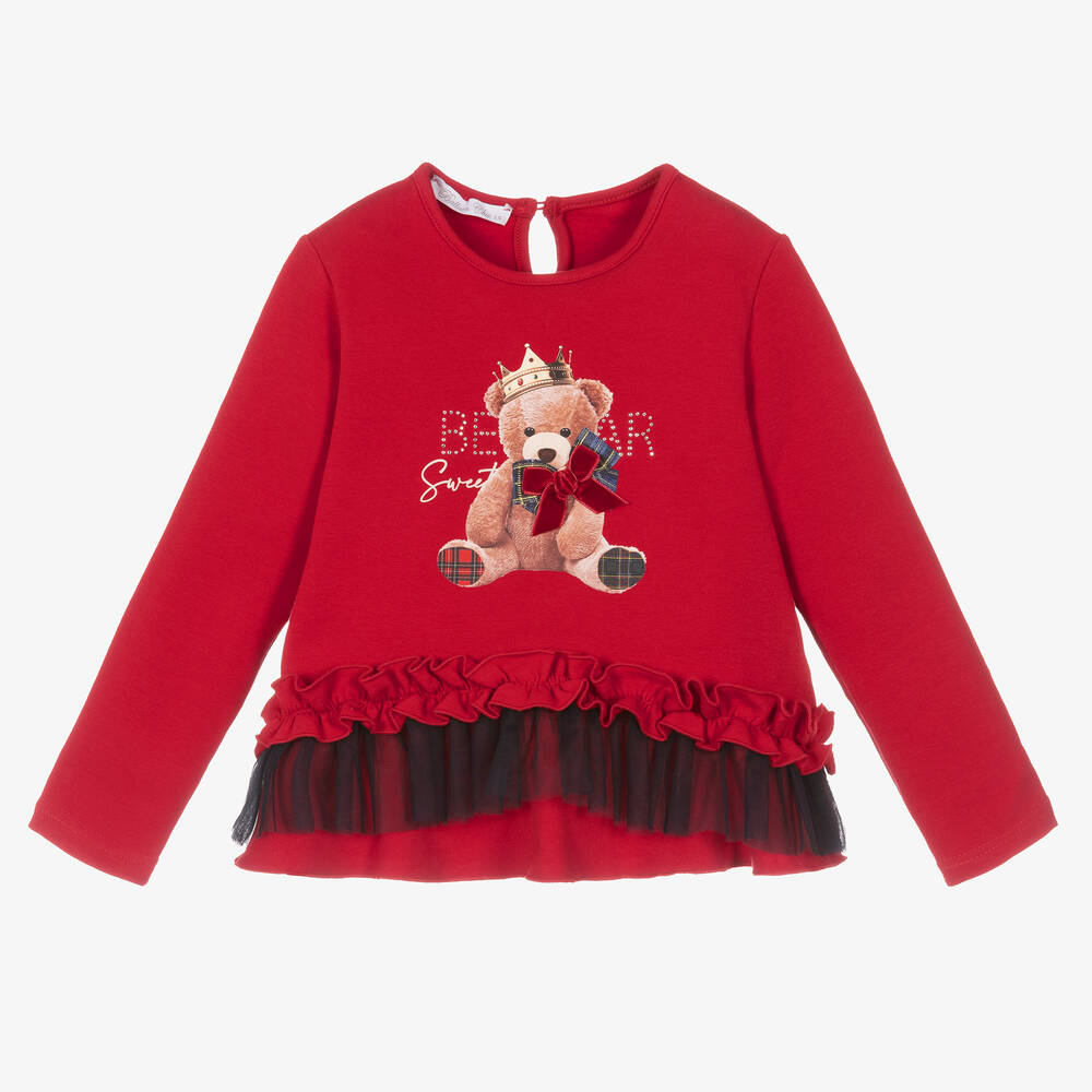 Balloon Chic - Girls Red Cotton & Tulle Teddy Bear Top | Childrensalon