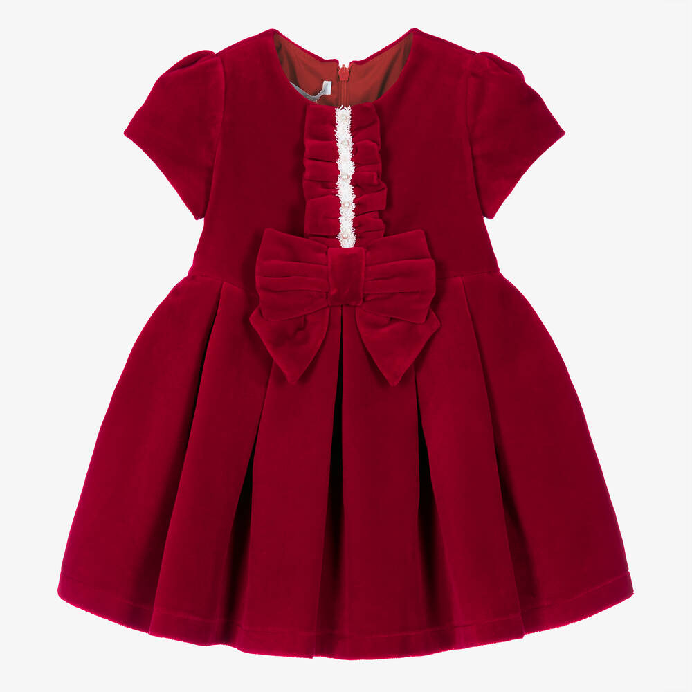 Balloon Chic - Girls Red Cotton Velvet Bow Dress | Childrensalon