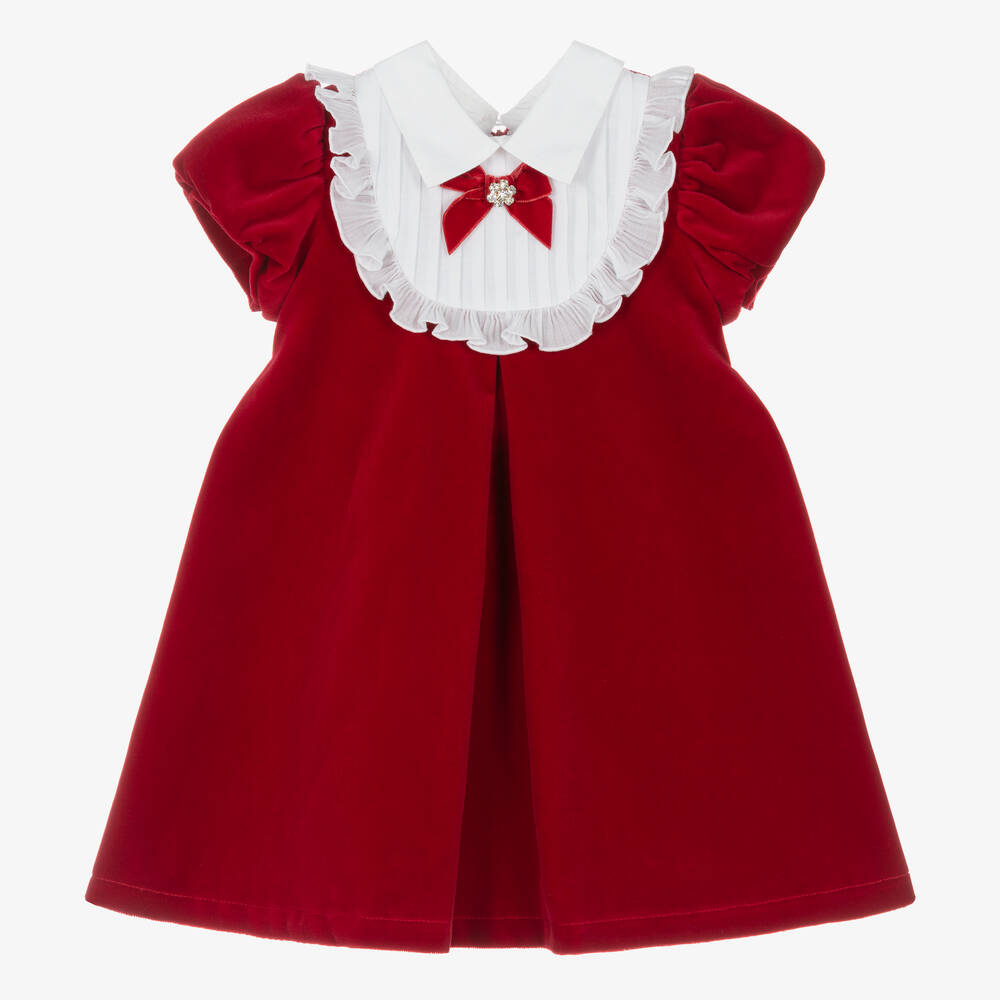 Balloon Chic - Girls Red Cotton Velvet Ruffle Dress | Childrensalon