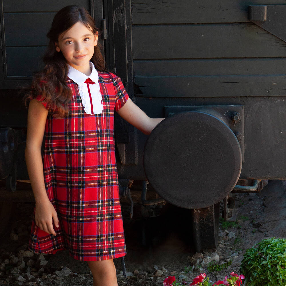 Balloon Chic-فستان مزيج قطن وصوف تارتان لون أحمر وأخضر | Childrensalon Outlet