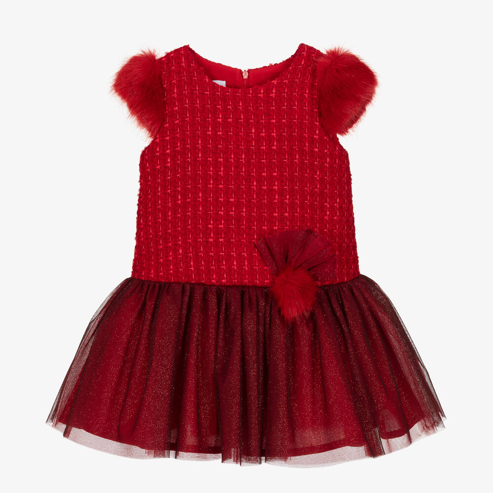 Balloon Chic - فستان مزيج تول وتويد لون أحمر | Childrensalon