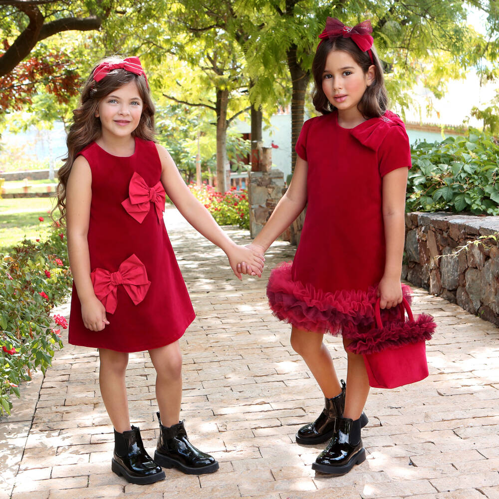 Balloon Chic-فستان بفيونكة قطن مخمل لون أحمر | Childrensalon Outlet