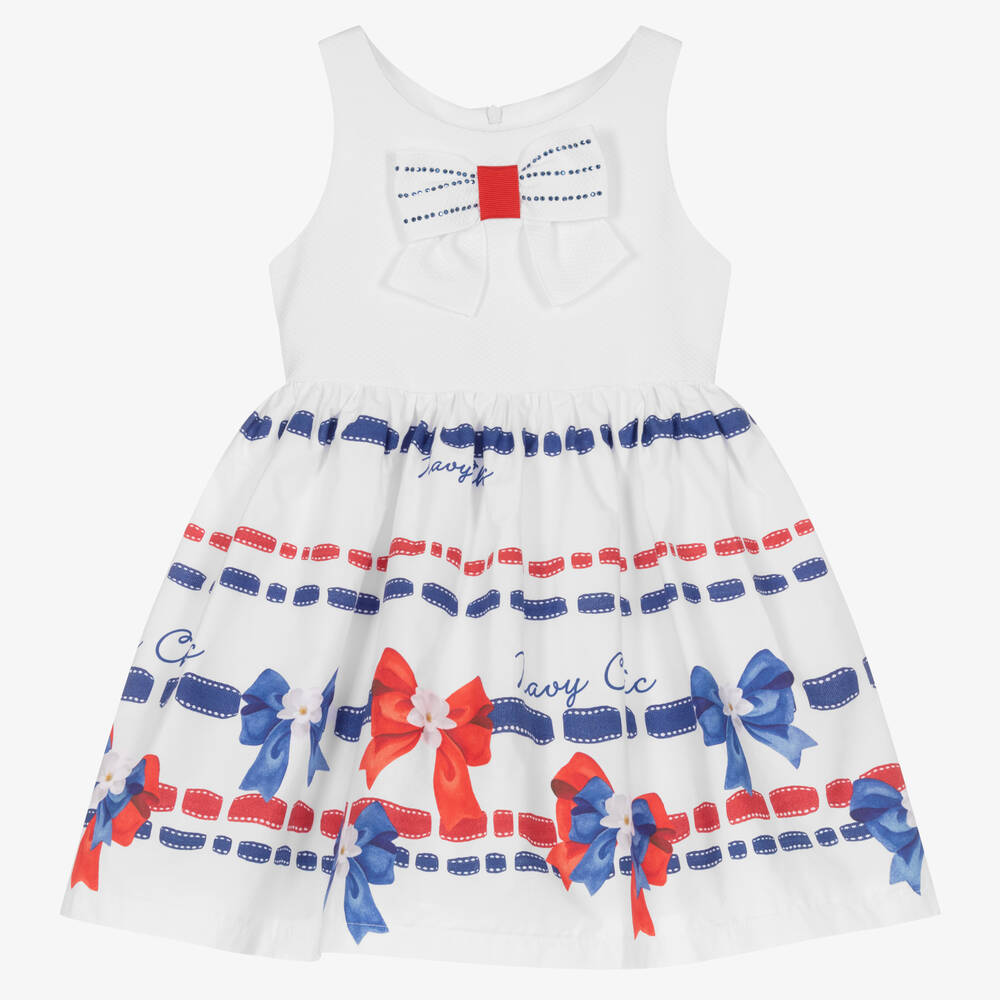 Balloon Chic - فستان قطن لون أبيض وأزرق داكن وأحمر | Childrensalon
