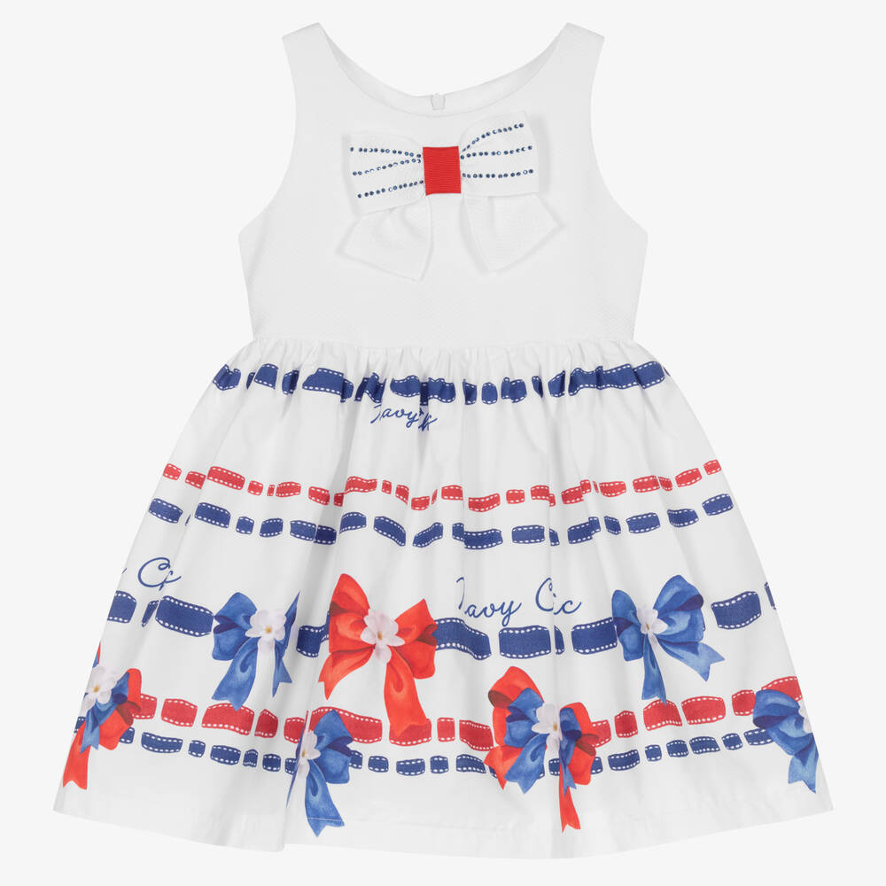 Balloon Chic - Girls White & Blue Cotton Bows Dress | Childrensalon