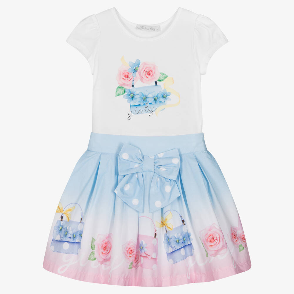 Balloon Chic - Girls White & Blue Cotton Skirt Set | Childrensalon