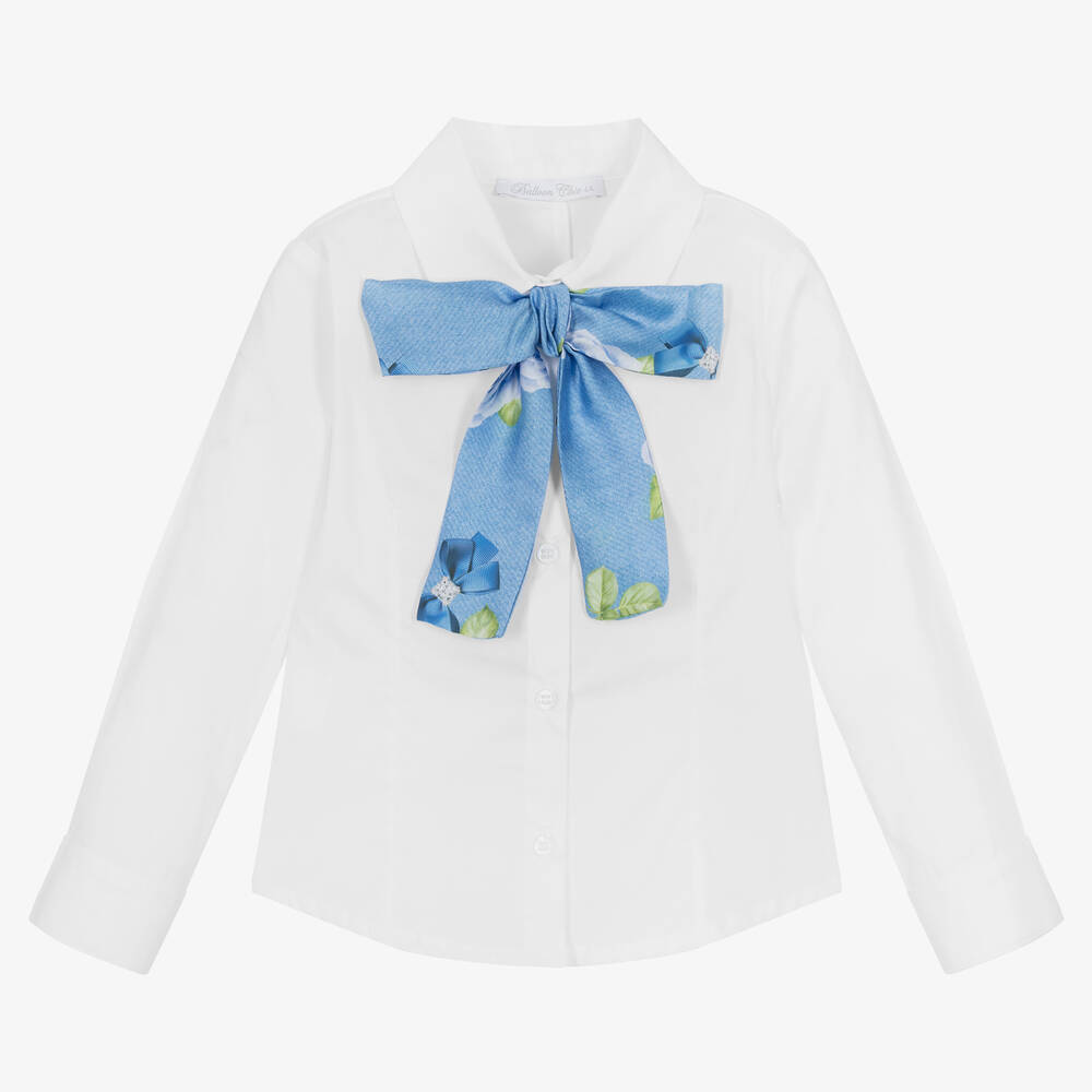 Balloon Chic - Girls White Cotton Blue Bow Blouse | Childrensalon