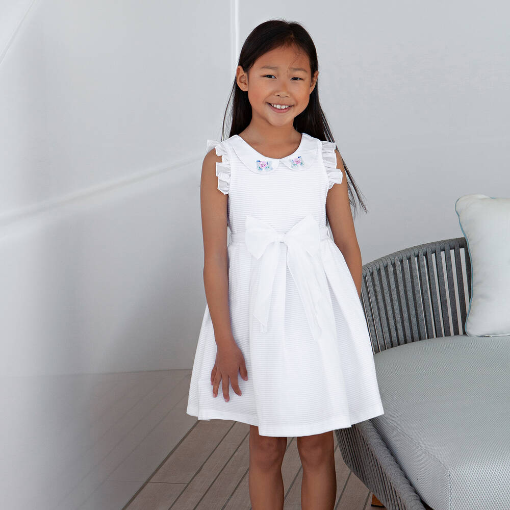 Balloon Chic - Girls White Cotton Bow Dress | Childrensalon
