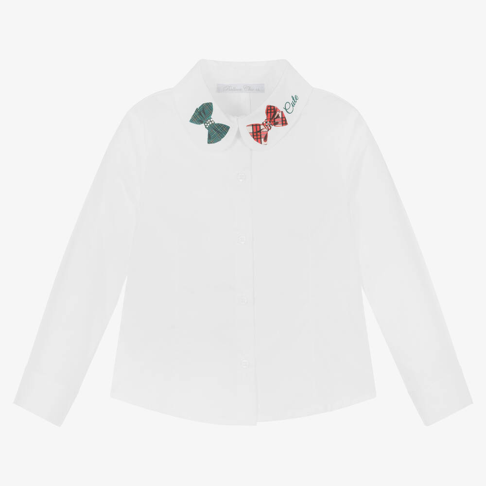 Balloon Chic-Girls White Cotton Bow Printed Blouse | Childrensalon Outlet