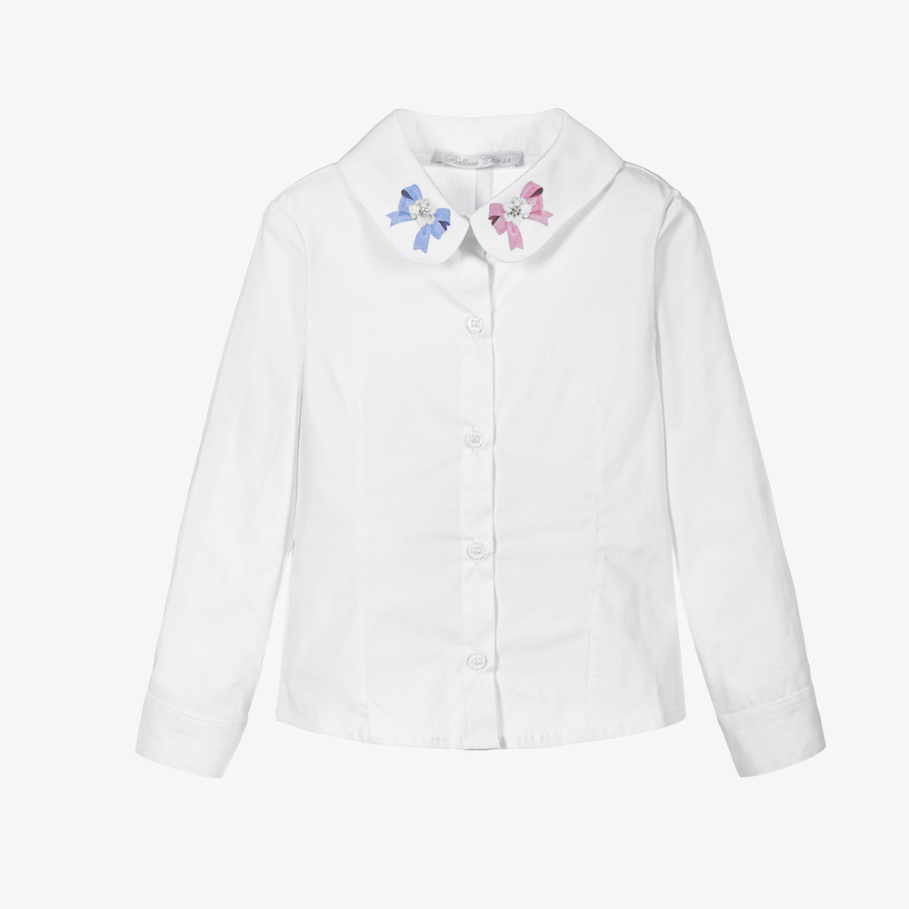 Balloon Chic - Girls White Cotton Bow Shirt | Childrensalon
